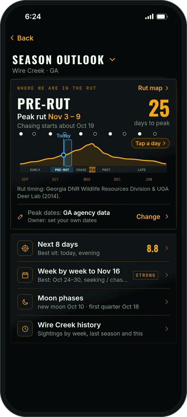 Season outlook in Guided: pre-rut, peak rut Nov 3 to 9, 25 days to peak, a rut timeline with today marked and the source credit, then the next 8 days, week by week, moon phases and camp history